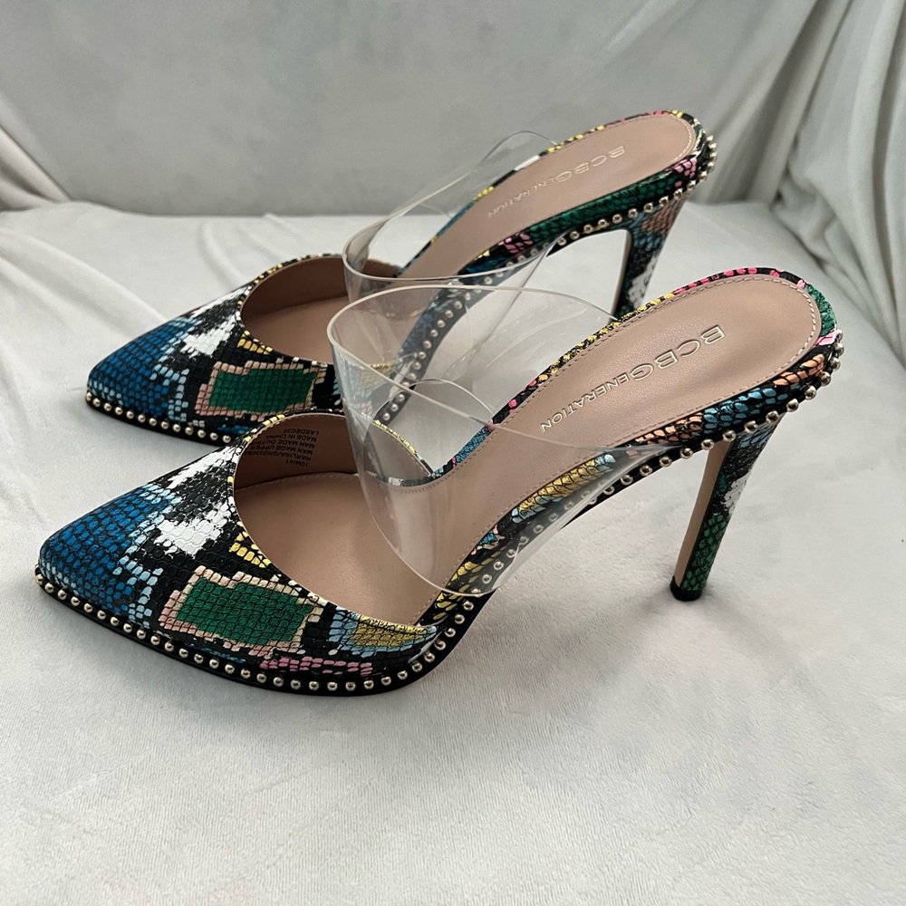 BCBGeneration Multicolor Snakeskin Mules Sz 10